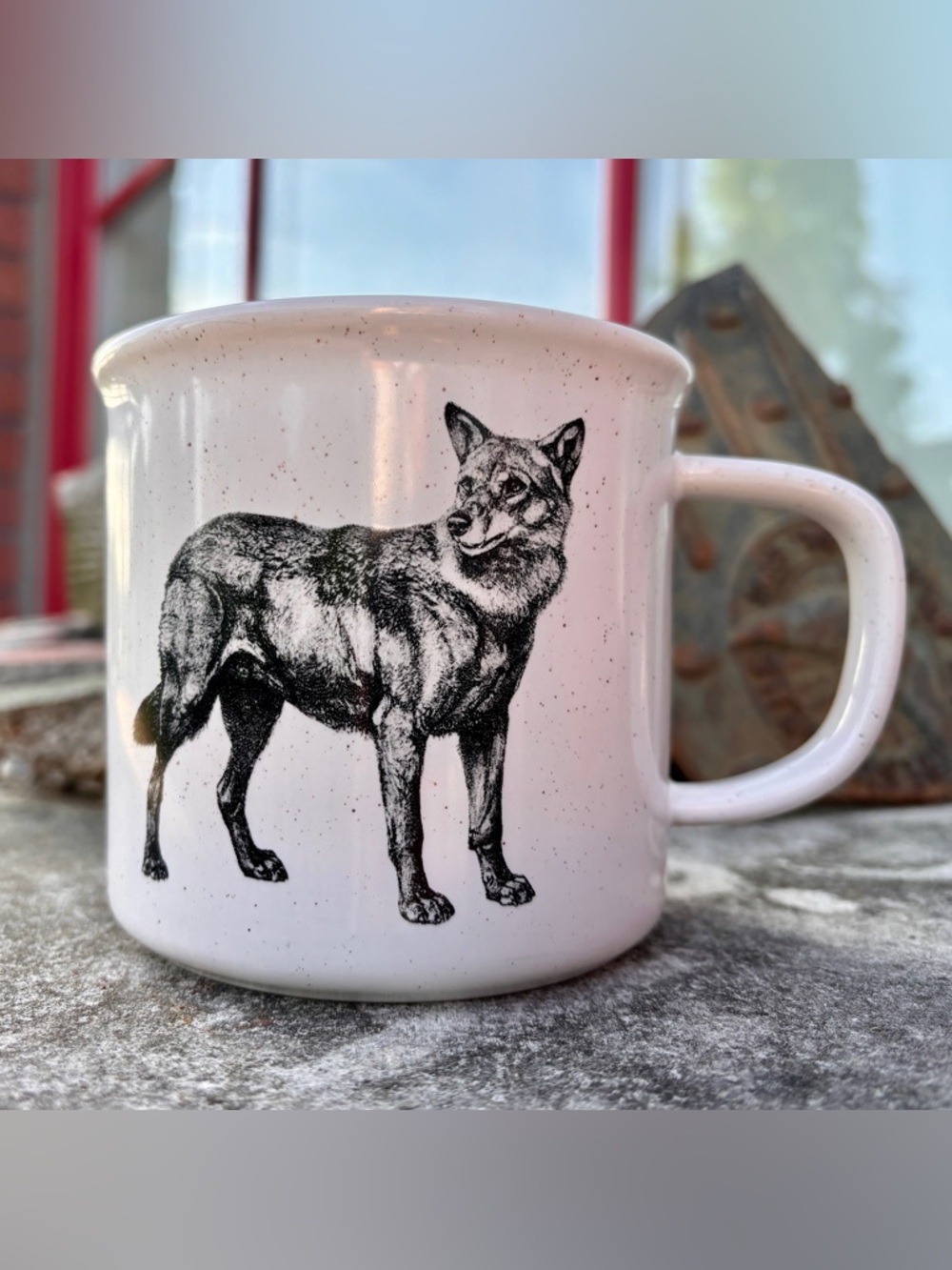 Pottery Barn White Speckled Coyote Wolf Puppy Mug, pre-owned